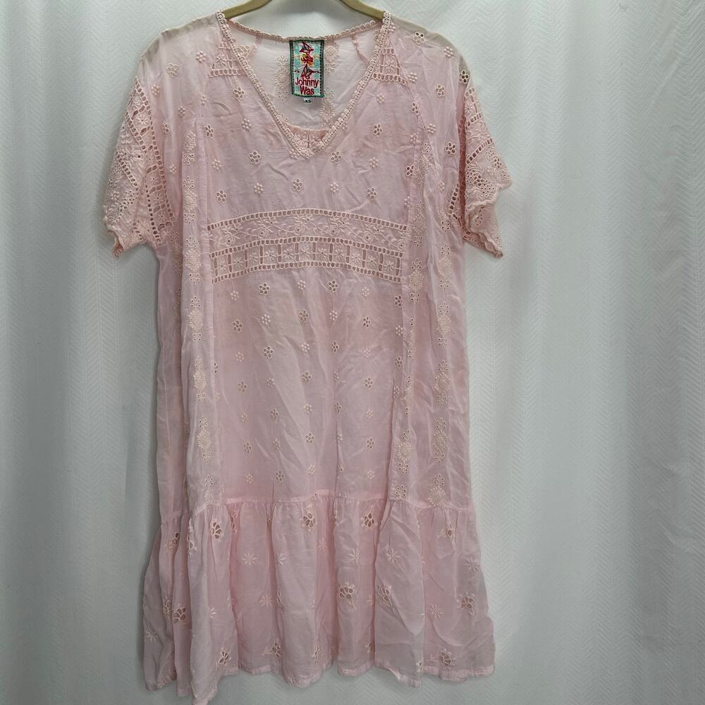Johnny Was pink embroidered mini dress short sleeve XS